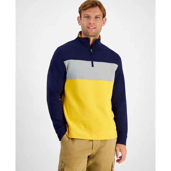 Club Room Sweater Mens Large Blue Gold Colorblock Fleece 1/4‎ Zip Outerwear NWT - Picture 1 of 5
